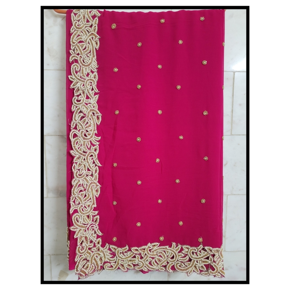 Hot Pink Saree with Pearls Work - Picture 1 of 14